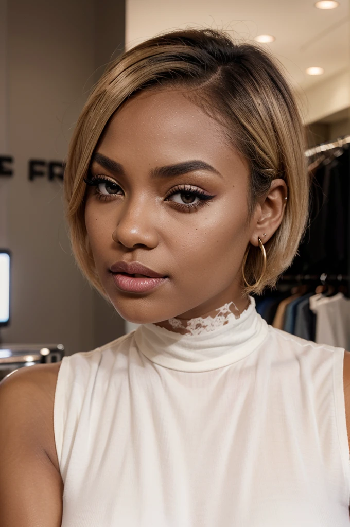 "Creates an image of a dark-skinned woman with a short blonde bob hairstyle. She has flawless makeup with well-defined eyebrows, strong black eyeliner, voluminous eyelashes, and shiny pink lips. She is wearing a nose piercing and a cherry earring The scene is lit in a soft and subtle way, highlighting the details of her makeup and hair. She is dressed in a white blouse and jeans. blue, shopping in a clothing store.
