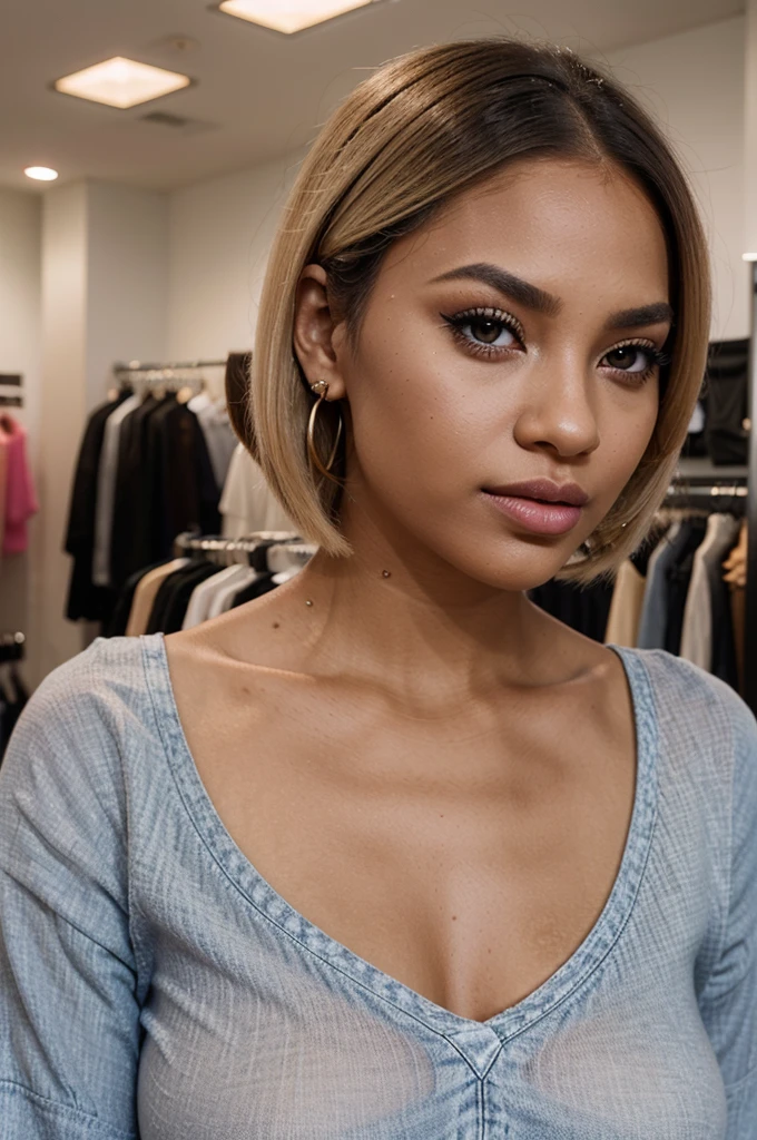 "Creates an image of a dark-skinned woman with a short blonde bob hairstyle. She has flawless makeup with well-defined eyebrows, strong black eyeliner, voluminous eyelashes, and shiny pink lips. She is wearing a nose piercing and a cherry earring The scene is lit in a soft and subtle way, highlighting the details of her makeup and hair. She is dressed in a white blouse and jeans. blue, shopping in a clothing store.