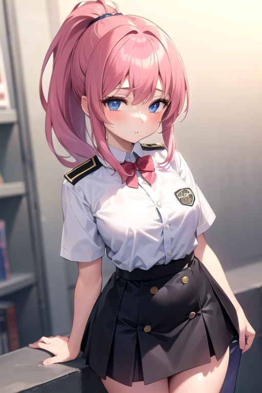 
A beautiful  with a slender figure、Pink hair in a ponytail、blue eyes、She rolls up her uniform skirt to show her white underwear.、He&#39;s wearing a skin-tight T-shirt with a nude print on it.、Blue ribbon、Japanese school girl uniform、、Blue knee-length pleated skirt、Standing in front of the bed in the nurse&#39;s office、Background partitioned with white curtains、、Tears and an embarrassed face、Blushed cheeks、A lovely face with a hint of innocence、Beautiful girl erotic game style、Detailed Description、High resolution、Soft lighting、Realistic texture