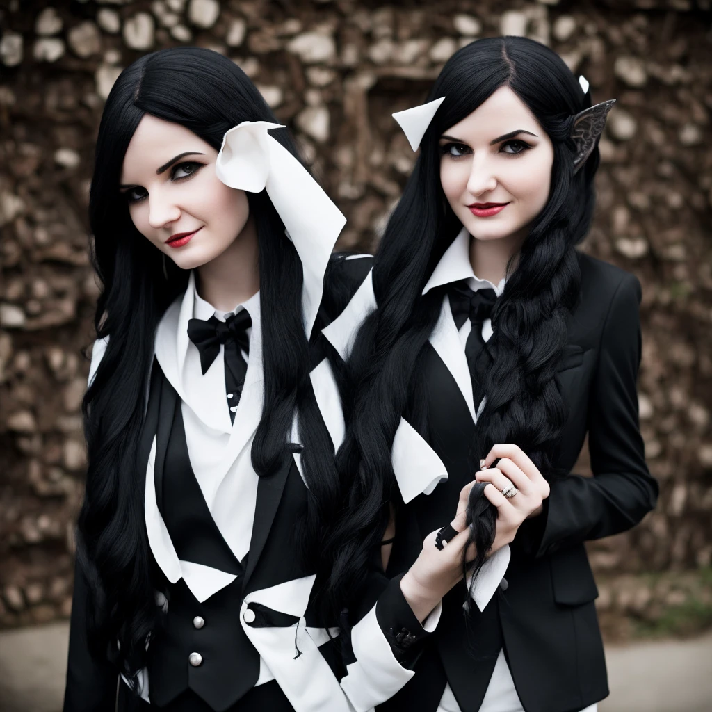 Girl with long black hair, black eyes, elf ears, holding a sycthe in one hand, fangs, wearing a black and white suit