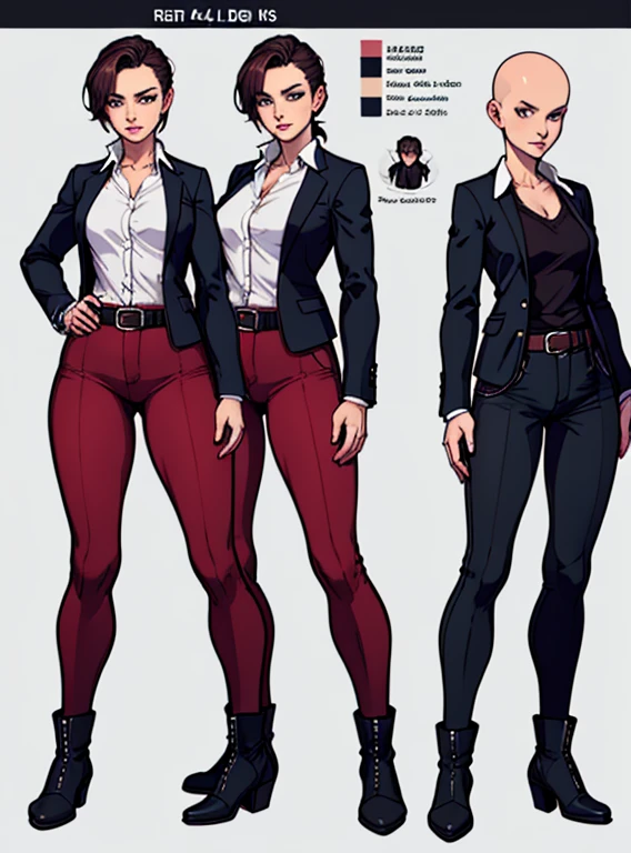 digital art, highly detailed, reference sheet in multiple angles, standing pose, feminine features, mature woman, adult female, whole body, bald, form-fitting, jacket, office shirt, sleeves folded up to mid-arm, belt, long pants, heeled boots, 1woman, solo, upper body, lower body, ((Extremely Detailed)), ((Best Quality)), ((Masterpiece)), ((4k)).



