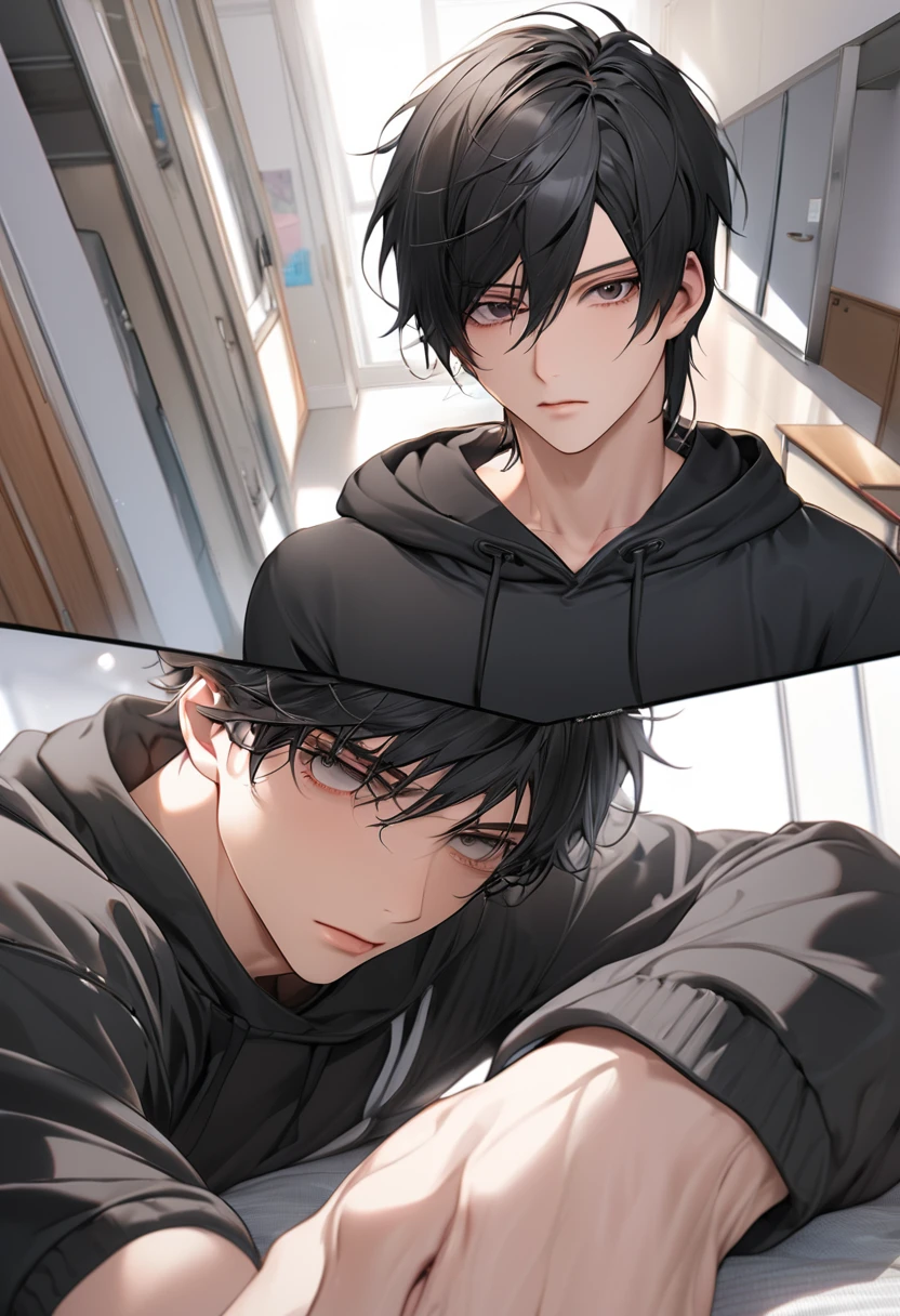 A highschool boy, handsome, perfect body, black hair, short hair, mullet, black eyes, upturned eyes, expressionless, black hoodies, anime, first-person view, masterpiece, anatomically correct, high details, highres, best quality, super detail