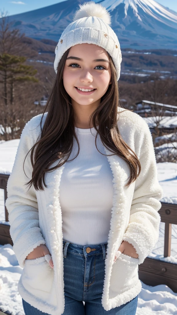 ultra realistic 1 Slightly curvy europe teenager girl, 16 and 17 years old,deep brown hair, cute face, white skin, soft blue eyes, soft smile, bombshell , curvy body, Plump figure, curvy breasts, Best Quality, a beautiful sixteen year old scandinavian girl in Fuji-Hakone-Izu National Park Japan, braless, beautiful perfect detailed face, smiling innocently, long hair, wearing warm white furry jacket, jeans, There is winter, stand, White Knit Beanie with Faux Fur Pom-Pom, emphasizing on curvy breasts, detailed eyes and lips, dynamic poses, Portrait, close-up photo of face, In Fuji-Hakone-Izu National Park Japan, snow day, snow on the ground, Mount Fuji background, Mount Fuj , 35mm lens, best image quality, master piece, HDR, Depth of field, background blur, looking intensely at the viewer, photorealistic, highly detailed, 8k, masterpiece, Zoom in, Close up face, camera from side