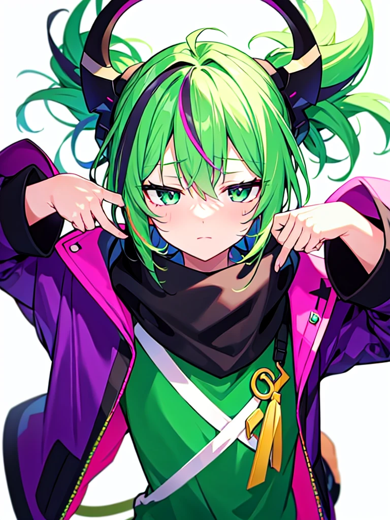 [(WHITE BACKGROUND:1.5),::5], ((((masterpiece)))), high quality, ultra very high resolution, full color, (((solo))), ((little boy)), Purple hair, ((Green streaked hair)), (Green eyes), anime, ((upper body)), neon light, black parka, 