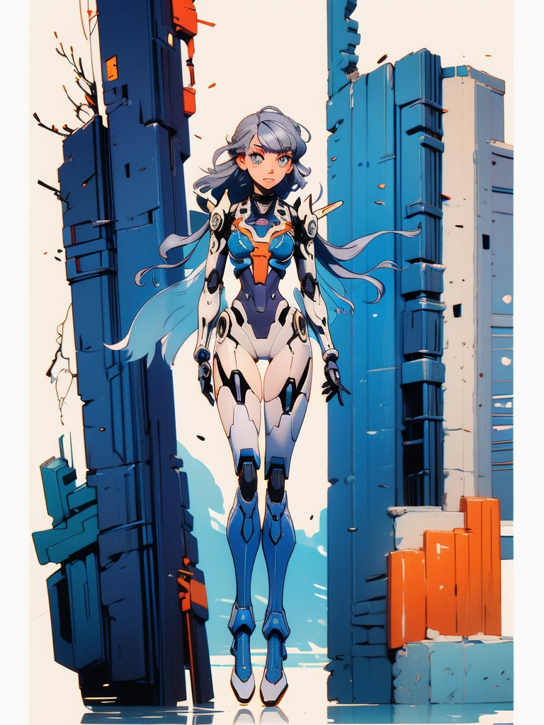 ((girl robot, Mecha)), glowing eyes, delicate face, Armor cracked, Mechanical aura, Mechanical arm, gray hair, long hair, Ceramic body, thigh gap, small breast, cyber background, very good city, (translucent, reflective surface), 8K, best quality, very detailed, (Surrealism: 1.4),