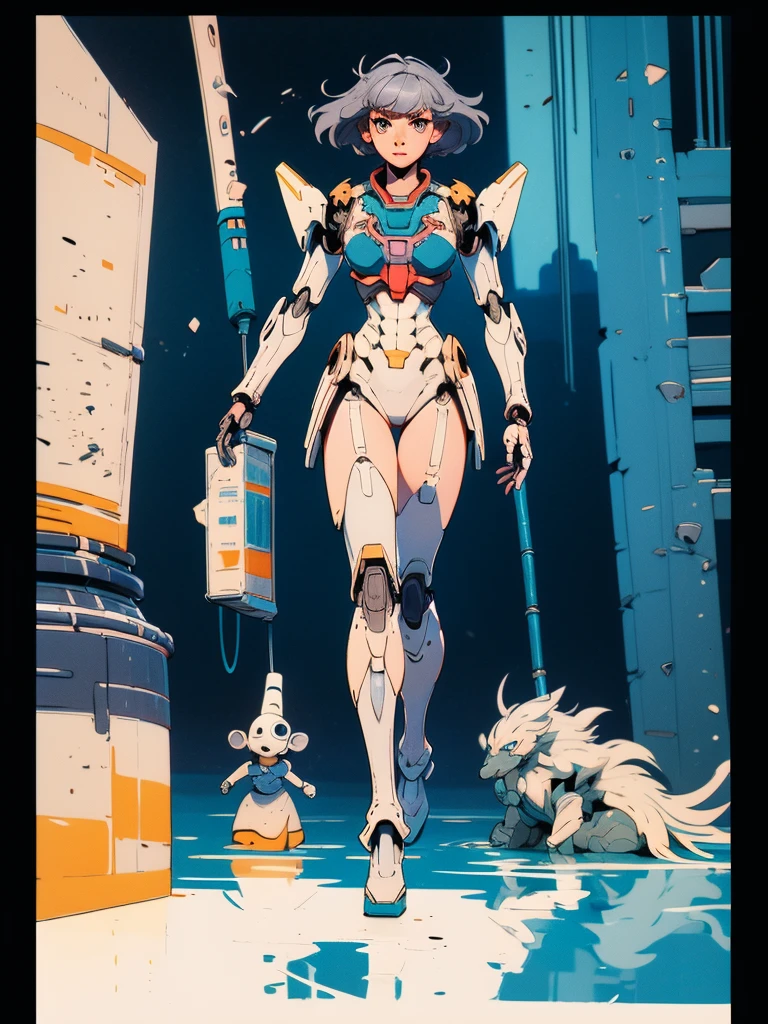 ((girl robot, Mecha)), glowing eyes, delicate face, Armor cracked, Mechanical aura, Mechanical arm, gray hair, long hair, Ceramic body, thigh gap, small breast, cyber background, very good city, (translucent, reflective surface), 8K, best quality, very detailed, (Surrealism: 1.4),