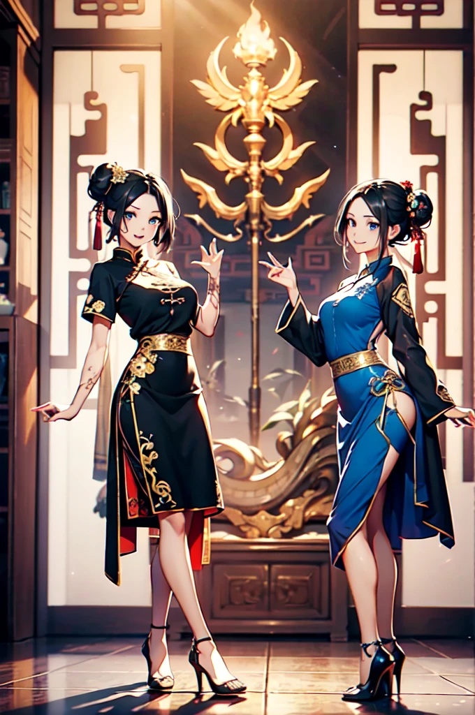 (Official art、Best Quality、Unity 8k Wallpapers、32K、masterpiece、ultra-detailliert、超A high resolution、realisitic、Photorealsitic:1.2)、(Cinematic lighting:1.2)、Fireglow effect、film grains、Best Shadows、Rim lighting、side lights、sideshot、(Ultra-detailed and complex 3D rendering)、Detailed beautiful face and eyes、A slender、Medium bust、(Full body:1.2)、 Highly detailed background、Chinese Restaurant、Carry dishes、beauitful face、blurry backround、a beauty girl、(super detailed skin、detailed skin textures:1.3)、Black hair、short-hair、Double bun、Blue eyes、Red cheongsam with gold thread embroidery、Wearing high heels、Floral hair ornament、(thighs thighs thighs thighs:0.9)、Smile with open mouth、dynamicposes