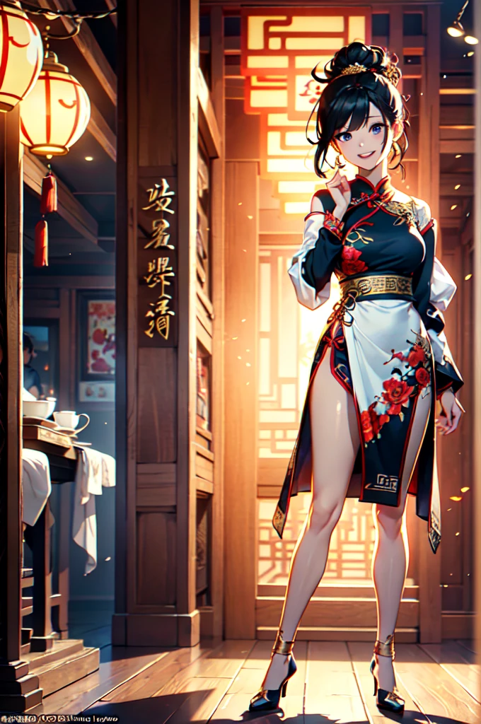 (Official art、Best Quality、Unity 8k Wallpapers、32K、​masterpiece、ultra-detailliert、超A high resolution、realisitic、Photorealsitic:1.2)、(Cinematic lighting:1.2)、Fireglow effect、film grains、Best Shadows、Rim lighting、side lights、sideshot、(Ultra-detailed and complex 3D rendering)、Detailed beautiful face and eyes、A slender、Medium bust、(Full body:1.2)、 Highly detailed background、Chinese Restaurant、Carry dishes、beauitful face、blurry backround、a beauty girl、(super detailed skin、detailed skin textures:1.3)、Black hair、short-hair、Double bun、Blue eyes、Red cheongsam with gold thread embroidery、Wearing high heels、Floral hair ornament、(thighs thighs thighs thighs:0.9)、Smile with open mouth、dynamicposes