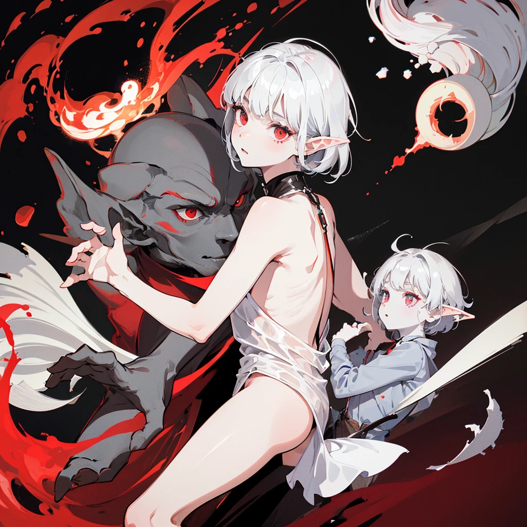 yung Elf, grey skin, White short hair, red eyes, dark clothes, black face patterns