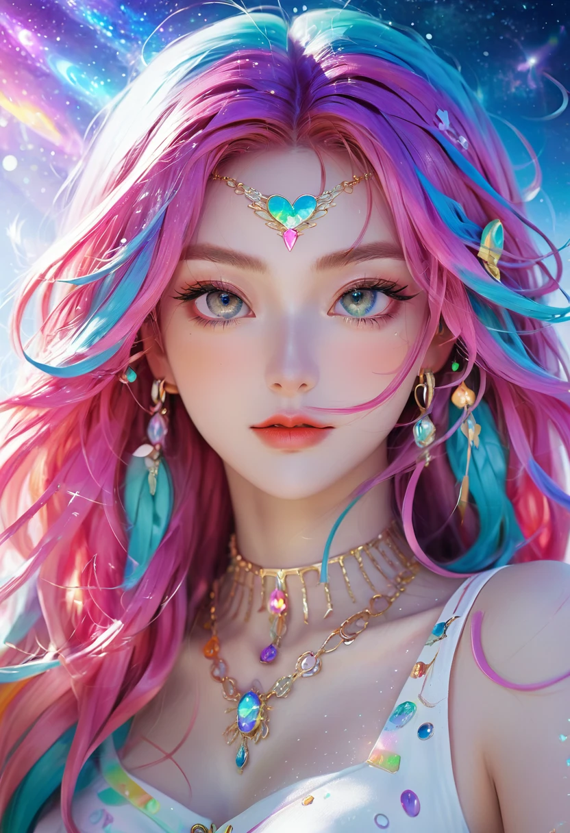 a close up of a woman with rich and colorful hair and a necklace, Anime girl with cosmic long hair, rossdraws bright pastels, artwork in the style of Gu Weiss, Fantasy art style, rich and colorful]”, Vibrant fantasy style, rossdraws cartoon vitality, cosmic and rich and colorful, Gu Weiss, rich and colorfull digital fantasy art, Stunning art style, Beautiful anime style