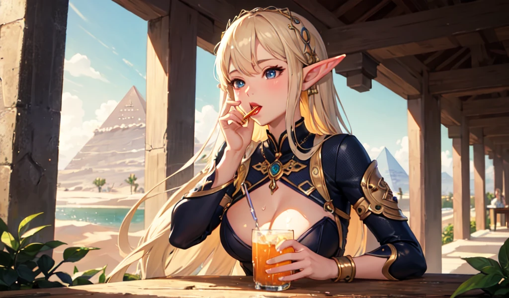 ((Highest quality)), ((masterpiece)), (detailed), 1 Beautiful Elf Woman, sexy,Celtic,pyramid,Drinking water in the desert