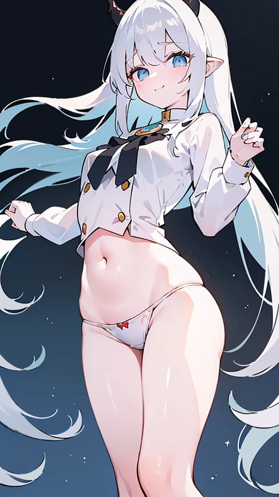 masterpiece, best quality, (Very detailed CG unit 8k wallpaper) (best quality), (Best illustration), (The best shades) ,(1),(long black hair,Straight Hair,Air bangs),(innocent aqua blue eyes,like a gem),(Medium large,White skin),(Wearing a white blouse,and white panties,Exposing the abdomen and arms),(Has black devil horns and devil tail),(Figure cut above the thigh,Stand upright,Put your hands behind your back),(The expression looks a little shy,but with a smile),(simple light black background)