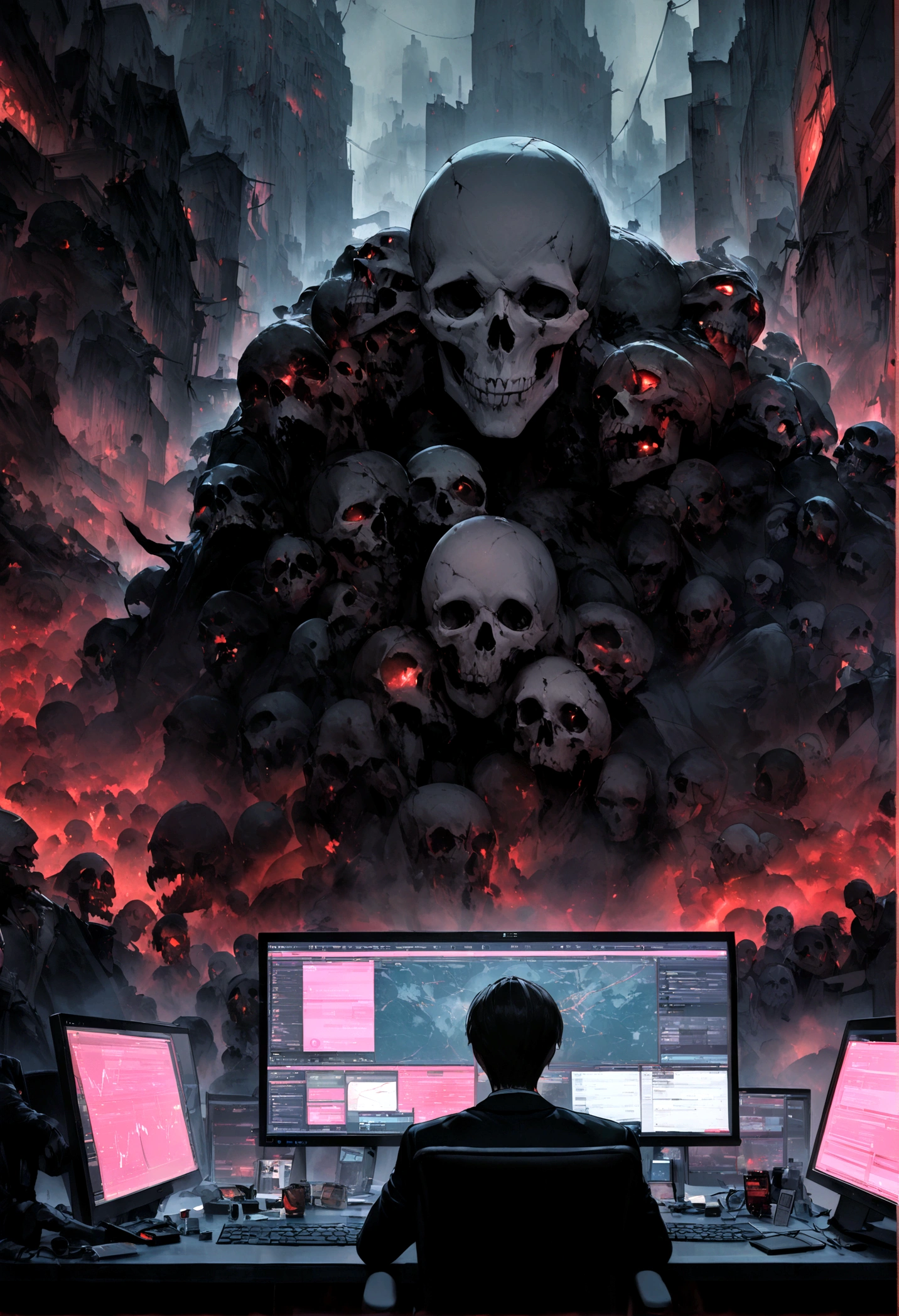 "An evil skull day trader sitting in front of several computers trading the financial market on the mt5 platform, top quality picture. Add the text 'Eder Santo Professional trader investments Creating terror in the market' in the image."