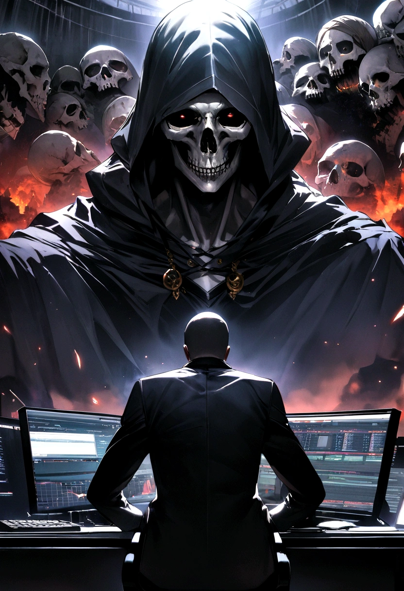 "An evil skull day trader sitting in front of several computers trading the financial market on the mt5 platform, top quality picture. Add the text &#39;Eder Santo Professional trader investments Creating terror in the market&#39; in the image."
