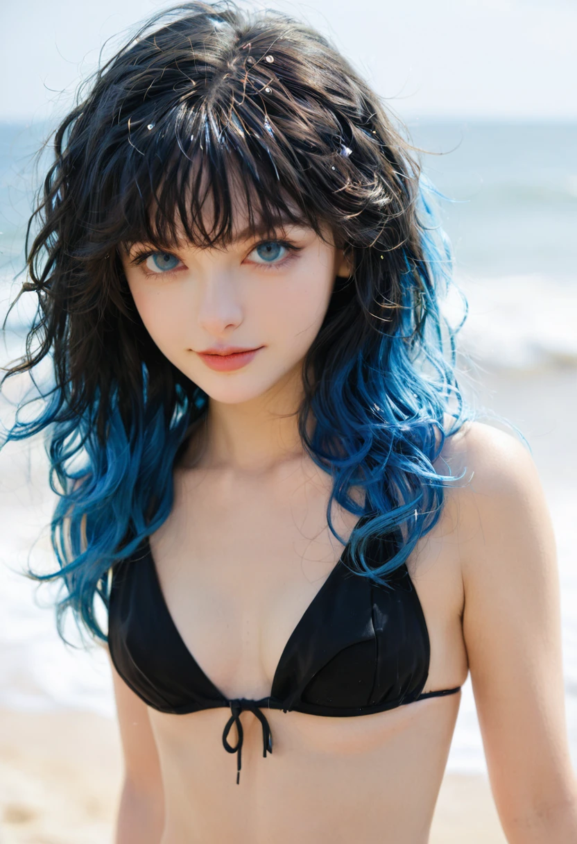 masterpiece, best quality, permanent, Lisado Credia, A faint smile, Long hair, curls, Bangs, Hair between the eyes, Hairpin, blue eyes, (Blue Hair:1), Black bikini, beach 