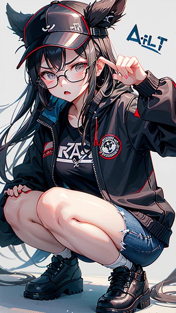 (Highest quality:1.2)。One Woman。Glasses。Angry expression。(Wearing a black jacket)。(squat)。The background is a white。(the word "SELA" is written on his jacket ) 