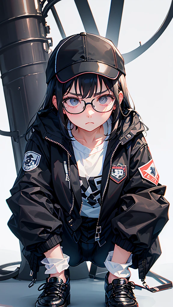 (Highest quality:1.2)。One Woman。Glasses。Angry expression。(Wearing a black jacket)。(squat)。The background is a white。(the word "SELA" is written on his jacket ) 