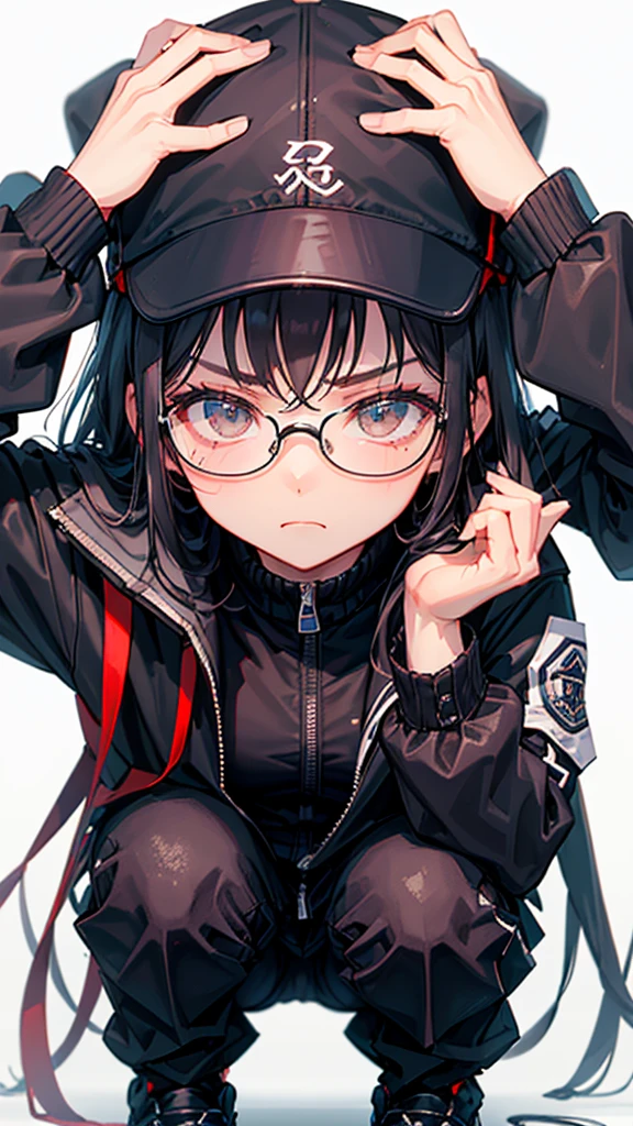 (Highest quality:1.2)。One Woman。Glasses。Angry expression。(Wearing a black jacket)。(squat)。The background is a white。(the word "SELA" is written on his jacket )