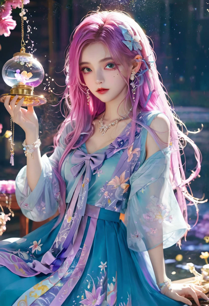 1 Girl, long_hair, bright_hair_Yanren_Eye, mystery_Express, Mature_appearance, Glamorous_Full set of clothing, flow_skirt, elegant_Jewelry, complex_decorate, magic_symbol, Luminescence_Accessories, potion, reel, Lovely_accent, bow, Ribbon, Flowers,