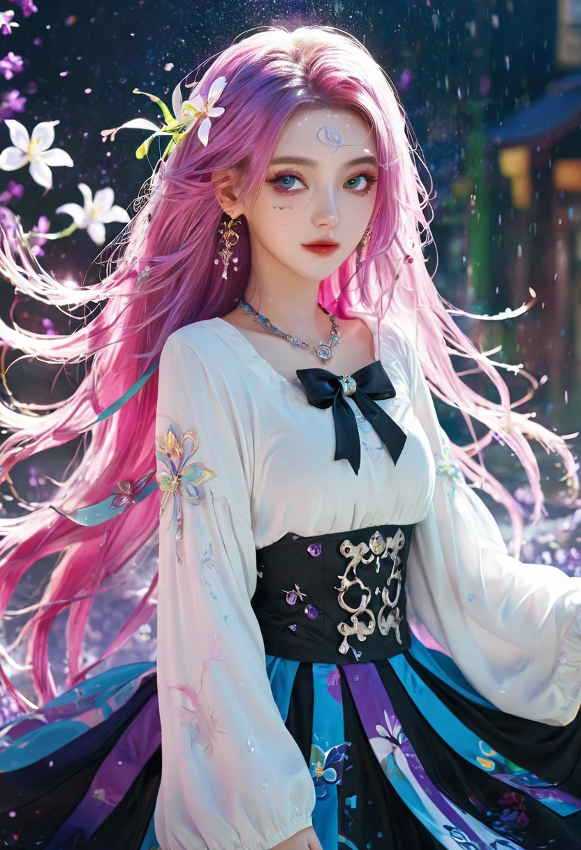1 Girl, long_hair, bright_hair_Yanren_Eye, mystery_Express, Mature_appearance, Glamorous_Full set of clothing, flow_skirt, elegant_Jewelry, complex_decorate, magic_symbol, Luminescence_Accessories, potion, reel, Lovely_accent, bow, Ribbon, Flowers,