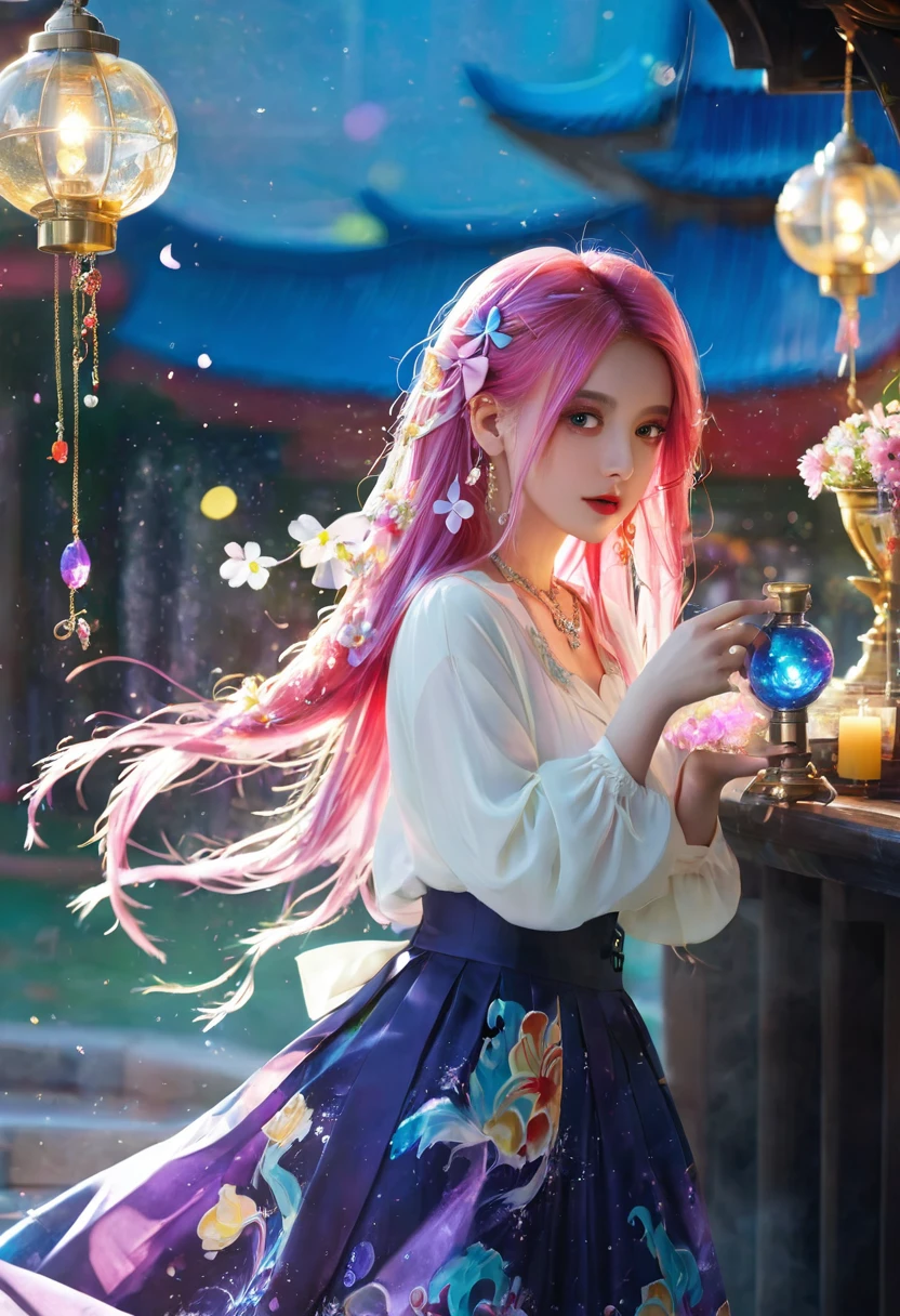 1 Girl, long_hair, bright_hair_Yanren_Eye, mystery_Express, Mature_appearance, Glamorous_Full set of clothing, flow_skirt, elegant_Jewelry, complex_decorate, magic_symbol, Luminescence_Accessories, potion, reel, Lovely_accent, bow, Ribbon, Flowers,