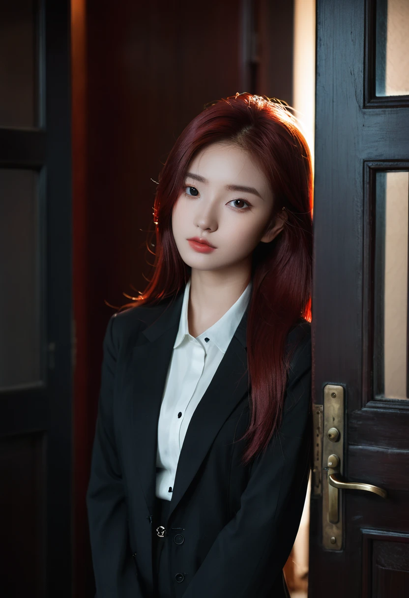 Portrait of a beautiful 18 year old girl, Red hair, Gorgeous Chinese, Wearing cotton, at the door, (Dark private office, Dark melancholy light: 1.2)