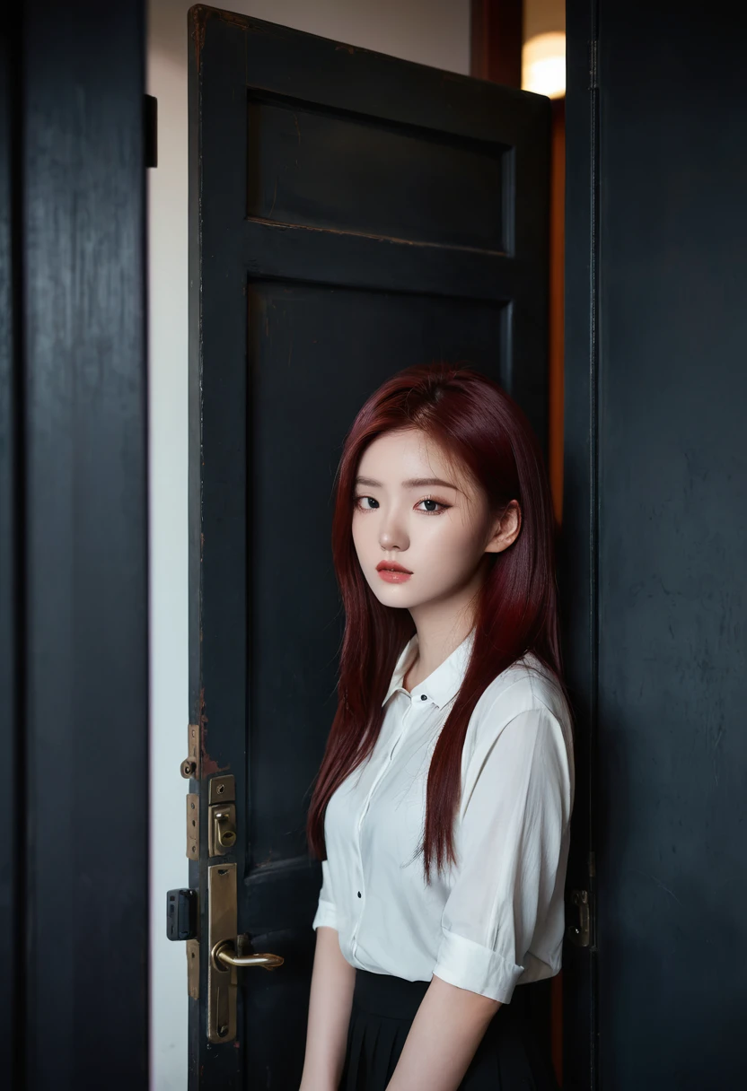 Portrait of a beautiful 18 year old girl, Red hair, Gorgeous Chinese, Wearing cotton, at the door, (Dark private office, Dark melancholy light: 1.2)