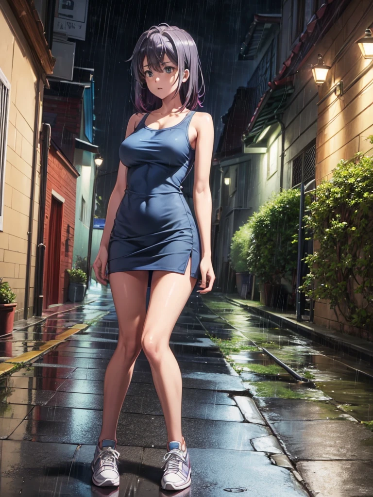 Girl, blue short tight dress , Bare breasts, chest visible, street  background, Narrow passage between houses, night, rain, slim body, In full growth, Sneakers,