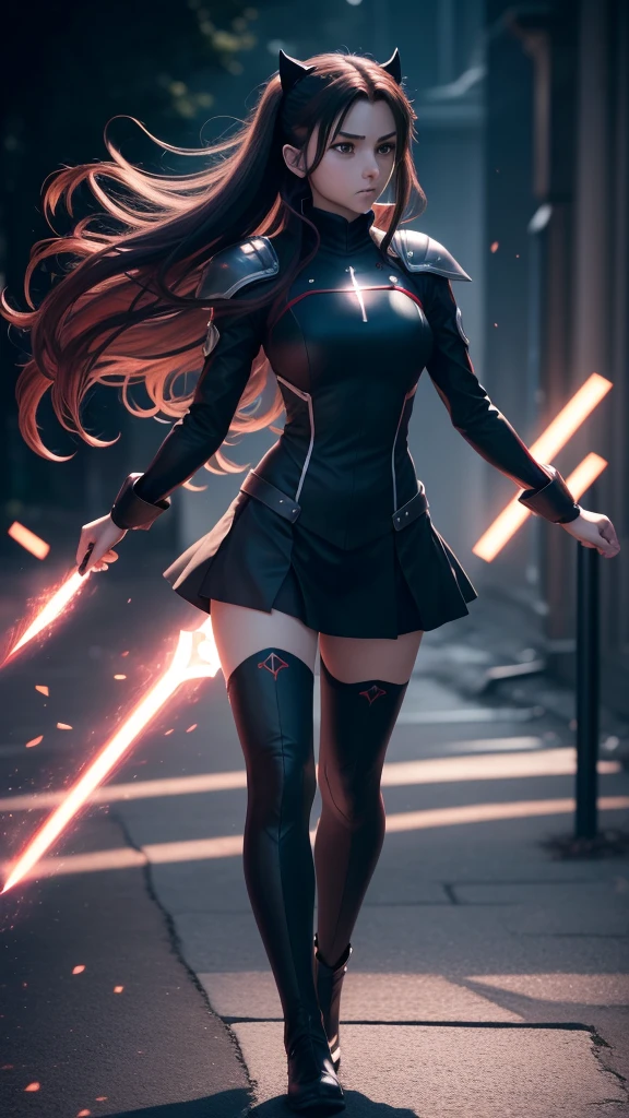 full body, Serious face, (masterpiece), best quality, expressive eyes, perfect face, anime girl, Fate/Stay Night anime, Rin Tohsaka anime, Rin Tohsaka Fate/Stay Night HDR (High Dymanic Range), Ray Tracing, Super resolution, Unreal 5, Subsoil Scatter, PBR Textures, Post Processing, Anisotropic filtering, Depth of Field, High Sharpness and Sharpness, Multilayer Textures, Surface shading, Precise simulation of light-material interactions, Perfect ratios, Octane rendering, duotone illumination, low ISO, white balance, Rule of thirds, Wide aperture, 8K RAW, high-efficiency sub-pixels, sub-pixel convolution, glow particles