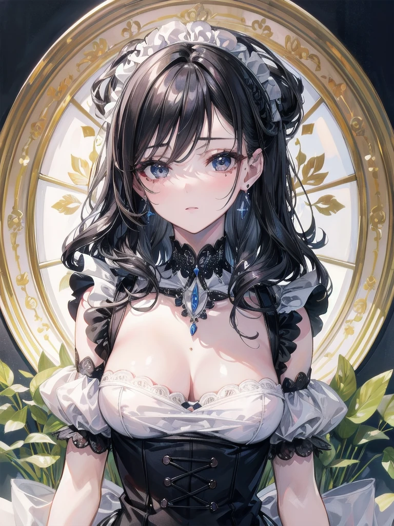absurdres, RAW photo, extremely delicate and beautiful, masterpiece, Best Quality, ultra high resolution, 32k, hyperrealistic, ultra-detailed, delicate facial features, beautiful detailed woman, tearful mole, earring, medium breasts, full body shot, medium hair, black hair, wavy hair, maid costume,