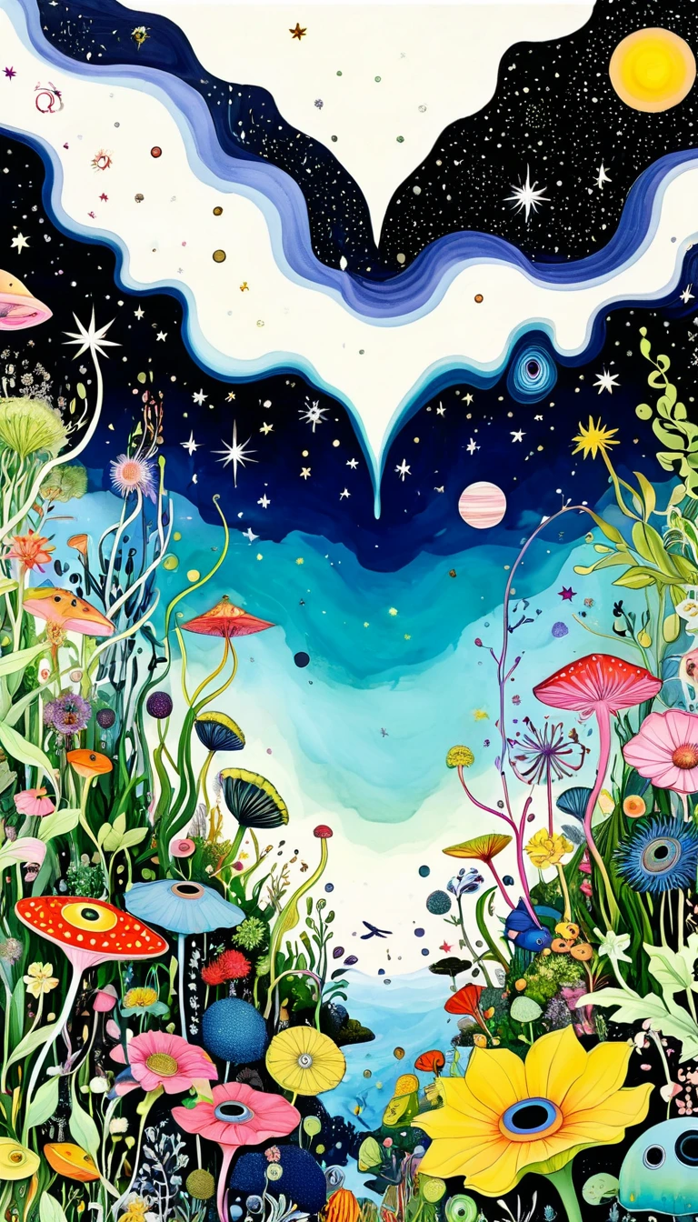 长着Eye的真菌、microorganism、plant、Marine life、Eye、Starry Sky,An abstract painting at the joint,Describing the inner world of autistic people,Sense of space,White Space,Psychedelic Art