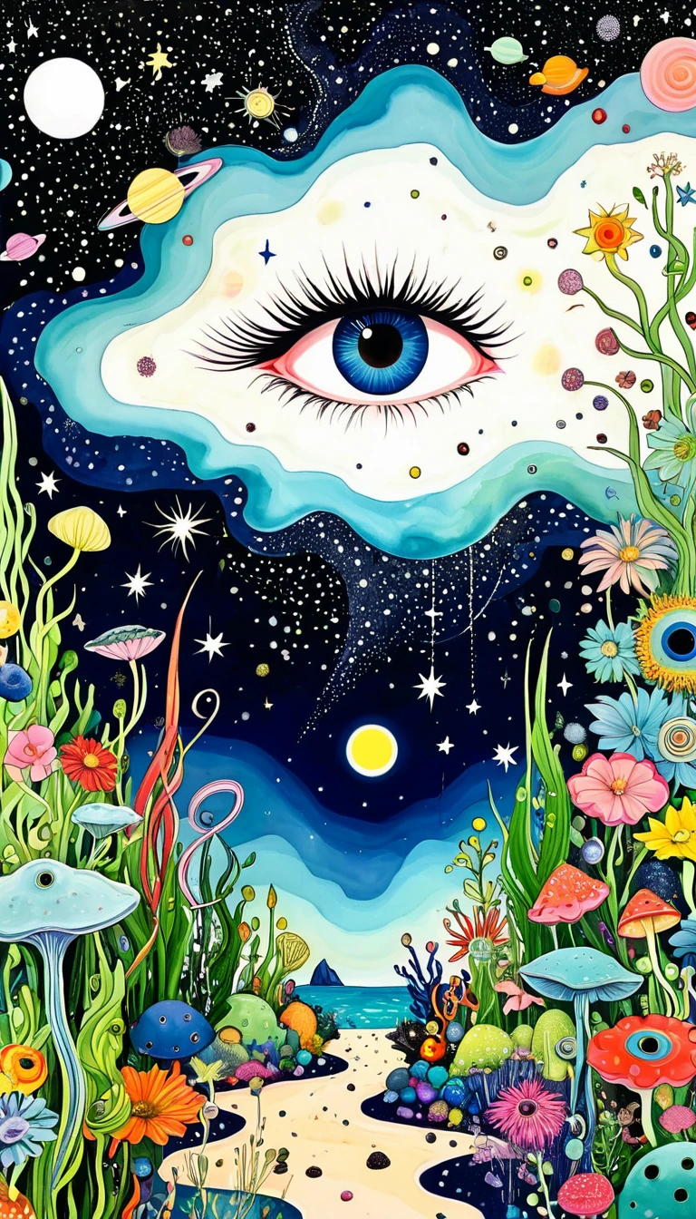 microorganism、plant、Marine life、1Stars dripping from my eyes、Starry Sky，Stitched into an abstract painting，Describing the inner world of autistic people，Sense of space，White Space，Childish lines，Psychedelic Art
