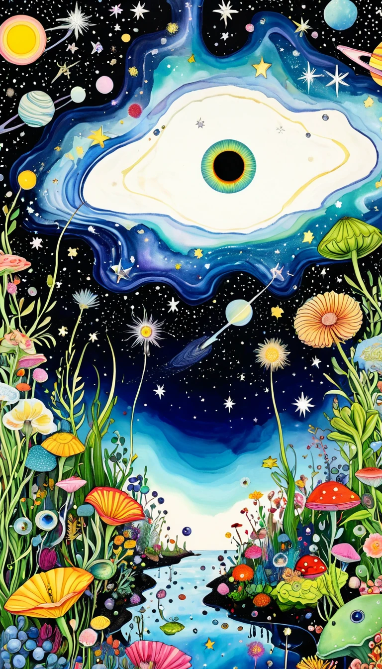 长着Eye的真菌、microorganism、plant、Marine life、Eye、Starry Sky，An abstract painting at the joint，Describing the inner world of autistic people，Sense of space，White Space，Psychedelic Art