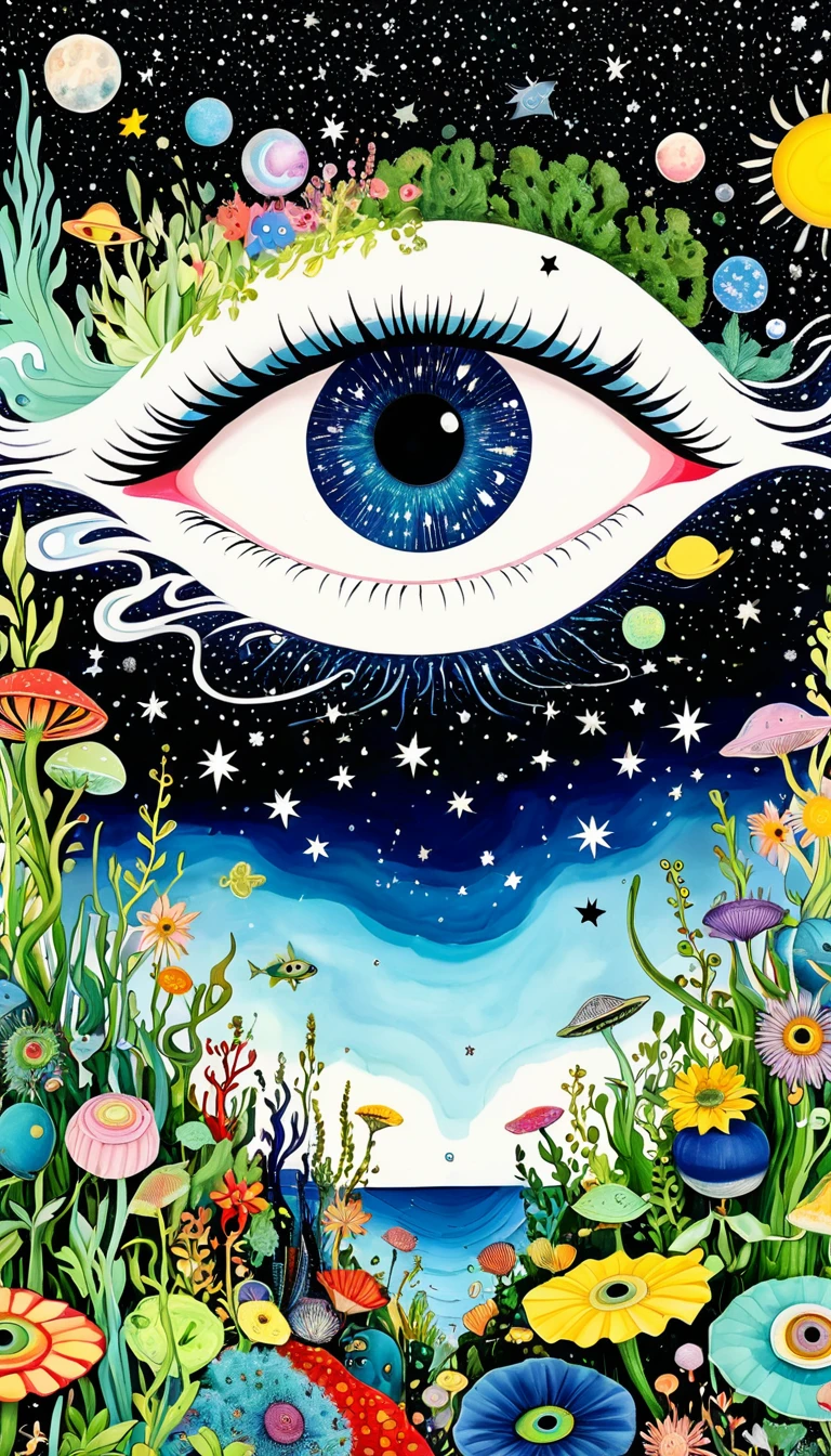 microorganism、plant、Marine life、1Stars dripping from my eyes、Starry Sky，Stitched into an abstract painting，Describing the inner world of autistic people，Sense of space，White Space，Childish lines，Psychedelic Art