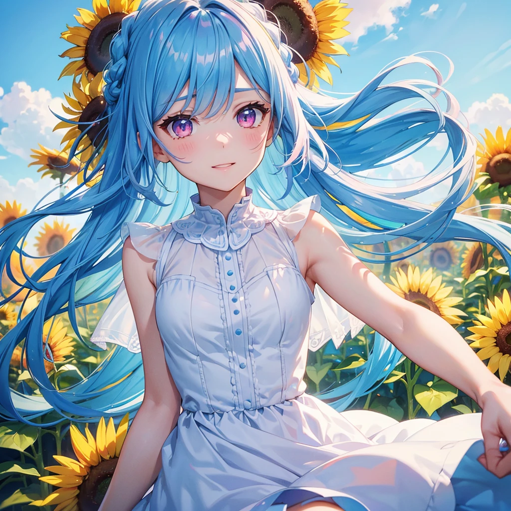 Sky blue hair, Braided Ponytail,(Pink Eyes),Fair skin ,(whole body),(One girl),summer,Sunflower field,White dress,Straight bangs,A sky full of smiles,(masterpiece, Highest quality, Very detailed, Best Shadow), (Detailed Background), (Beautifully detailed face), High Contrast, (Best lighting, Very delicate and beautiful), ((Cinematic Light)), colorful, Hyper Detail, Dramatic Light, Intricate details,summerの暑い日差し,