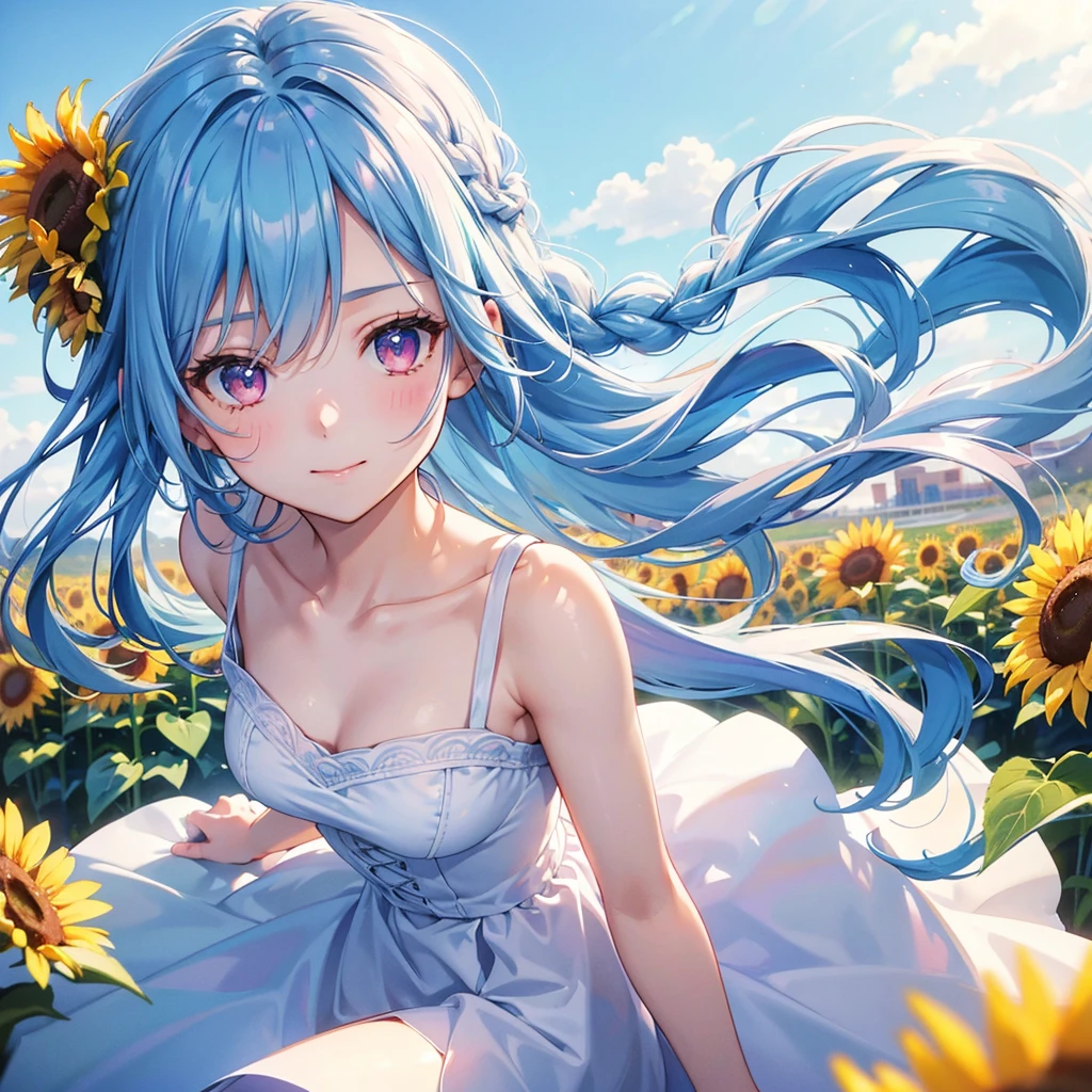 Sky blue hair, Braided Ponytail,(Pink Eyes),Fair skin ,(whole body),(One girl),summer,Sunflower field,White dress,Straight bangs,A sky full of smiles,(masterpiece, Highest quality, Very detailed, Best Shadow), (Detailed Background), (Beautifully detailed face), High Contrast, (Best lighting, Very delicate and beautiful), ((Cinematic Light)), colorful, Hyper Detail, Dramatic Light, Intricate details,summerの暑い日差し,