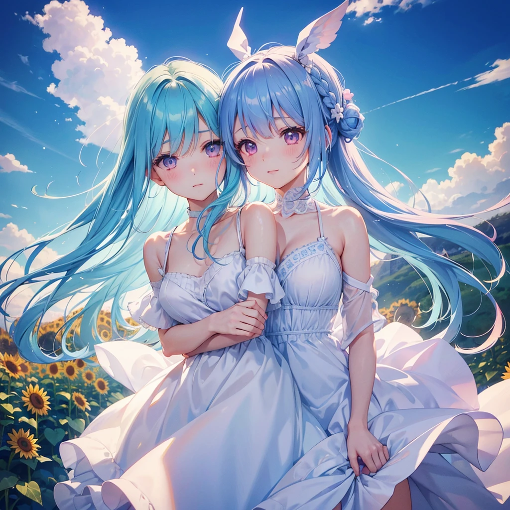 Sky blue hair, Braided Ponytail,(Pink Eyes),Fair skin ,(whole body),(One girl),summer,Sunflower field,White dress,Straight bangs,A sky full of smiles,(masterpiece, Highest quality, Very detailed, Best Shadow), (Detailed Background), (Beautifully detailed face), High Contrast, (Best lighting, Very delicate and beautiful), ((Cinematic Light)), colorful, Hyper Detail, Dramatic Light, Intricate details,summerの暑い日差し,