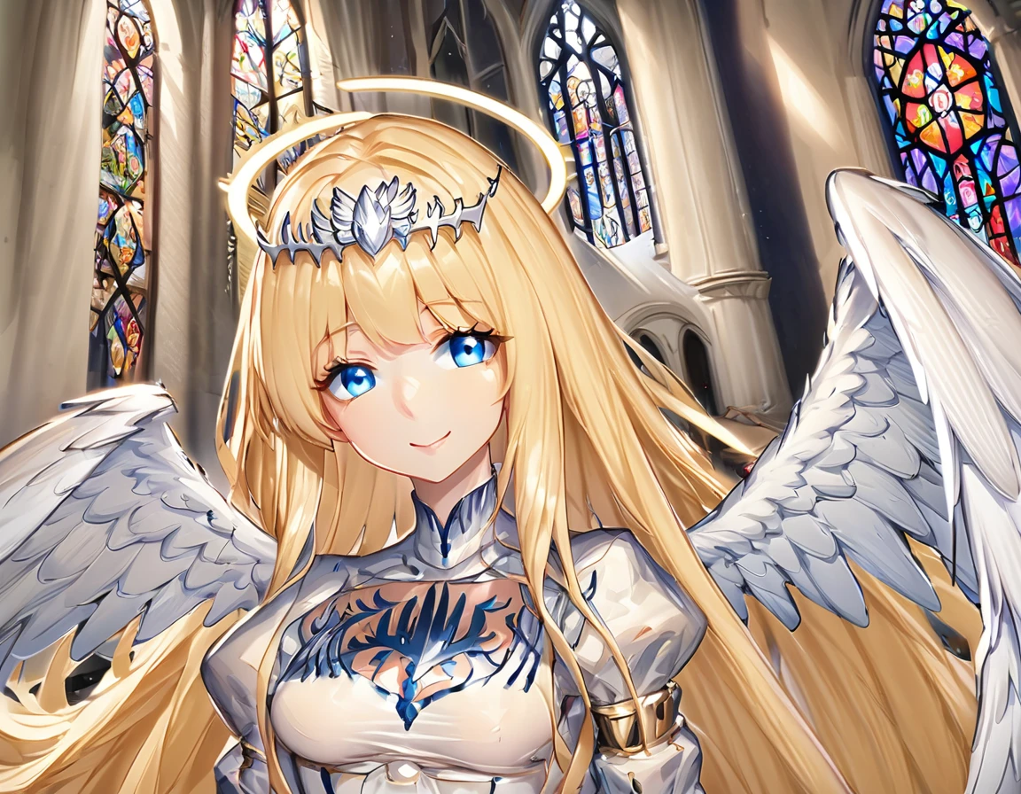 1angel,solo, calca, blonde hair, ,( extremely long hair:1.3), very long hair, extra long hair, white tiara, white dress, blue eyes,Calca Bessarez, medium breast,Calca, indoor, church, cathedral, stained glass, close up, upper body, (extremely large white wings:1.5), very big angel feature wings, halo, smile, happy