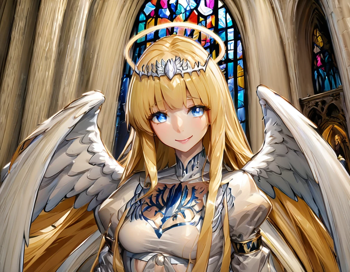 1angel,solo, calca, blonde hair, ,( extremely long hair:1.3), very long hair, extra long hair, white tiara, white dress, blue eyes,Calca Bessarez, medium breast,Calca, indoor, church, cathedral, stained glass, close up, upper body, (extremely large white wings:1.5), very big angel feature wings, halo, smile, happy