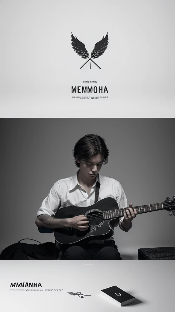 A minimal, modern, simple, cinematic logotype for the brand “Penamemoria". The logotype must be a simple, magical feather and a boy playing acoustic guitar. The logo must convey a sense of music, stories and dreams. Logo design impressed on a book cover. Minimalistic logo