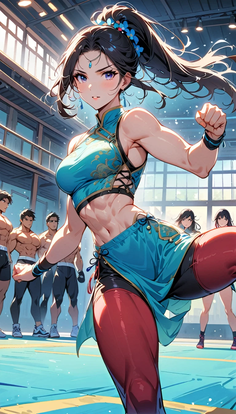 Boxing Match between muscular woman and doing a very high kick, six pack, Pakistani girl, girls in background , Chinese dress crop top, and leggings ,portrait, empty dojo background