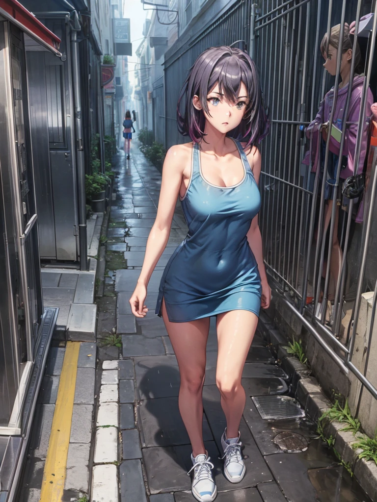 Girl, blue short tight dress , Bare breasts, chest visible, street background, Narrow passage between houses, night, rain, slim body, In full growth, Sneakers,