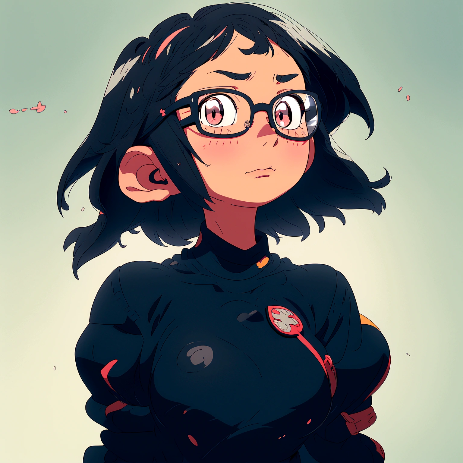 A bob-cut elementary school girl wearing glasses, black eye, no wearing, Touching breasts, looking up, White skin, large breasts, looking up, black hair, winking, sad
