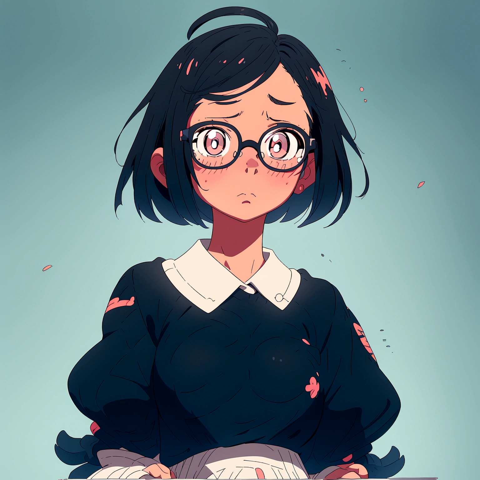 A bob-cut elementary school girl wearing glasses, black eye, no wearing, Touching breasts, looking up, White skin, large breasts, looking up, black hair, winking, sad