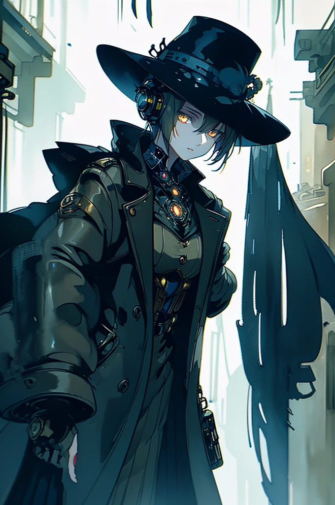 A sardonically aloof droid girl mechanic, clad in a patched-up trench coat and fedora, stands amidst a dimly lit alleyway. This watercolor painting captures the essence of a noir-inspired world, with muted tones and shadows adding to the mysterious atmosphere. The intricately detailed droid has a rusted exterior, but its glowing eyes hint at a hidden depth. Each brushstroke seems to bring the character to life, making this image a true masterpiece of the genre.