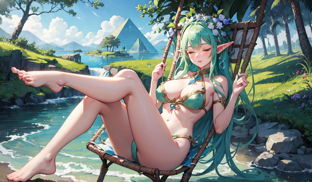((Highest quality)), ((masterpiece)), (detailed), 1 Beautiful Elf Woman, sexy,Celtic,pyramid,Sleeping in a hammock by the water
