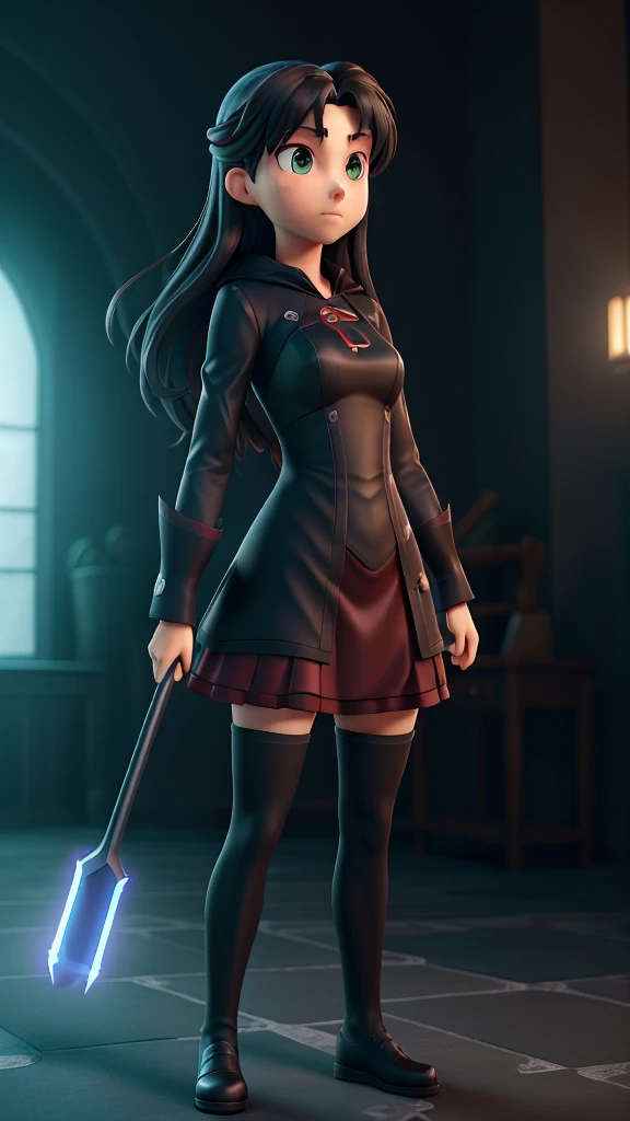 full body, Serious face, (masterpiece), best quality, expressive eyes, perfect face, anime girl, Fate/Stay Night anime, Rin Tohsaka anime, Rin Tohsaka Fate/Stay Night HDR (High Dymanic Range), Ray Tracing, Super resolution, Unreal 5, Subsoil Scatter, PBR Textures, Post Processing, Anisotropic filtering, Depth of Field, High Sharpness and Sharpness, Multilayer Textures, Surface shading, Precise simulation of light-material interactions, Perfect ratios, Octane rendering, duotone illumination, low ISO, white balance, Rule of thirds, Wide aperture, 8K RAW, high-efficiency sub-pixels, sub-pixel convolution, glow particles