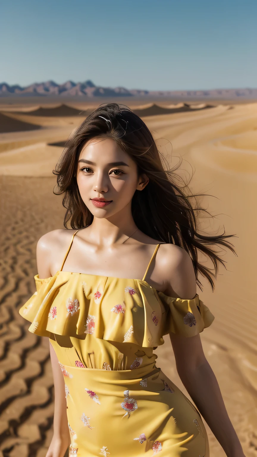8k, highest quality, ultra detailed:1.37), Eliana, ((18 years)), a beautiful Asian girl, (Sahara Desert), ((flat desert view)), (((Highway))), ((cactus)), (sand surface), (desert sand), ((Evening Light)), (Beautiful Luxury floral Yellow Sundress), ((luxury yellow floral colour dress)), The high-resolution image captures ultra-detailed realism, highlighting Eliana's determined expression, piercing eyes, and confident stance, adding to the authenticity and significance of the image. This visually striking representation showcases Eliana's strength and dedication as a Beauty, cute knees, cactus, Beautiful Smile 1:2, ((Detailed face)), ((Perfect body figure)), ((Detailed hair)), ((Detailed Dress)), k, stylish Poses, (Big ice cube in background),