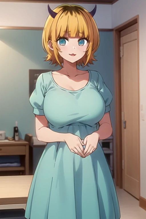 Highest quality, masterpiece, detailed,
memcho,
Open your mouth, :3, Happy,
short hair, Blonde, Multicolored Hair, Aqua Eye, Blunt bangs, horn,, clavicle, Puffy sleeves,Are standing, Looking at the audience,Huge breasts:1.5、
indoor、T-shirt maxi(tight)dress:1.5、The whole body is visible、pregnancy