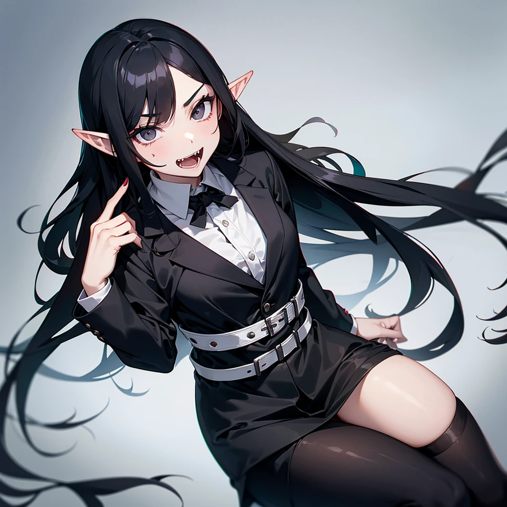 Girl with long black hair, black eyes, elf ears, holding a sycthe in one hand, fangs, wearing a black and white suit 